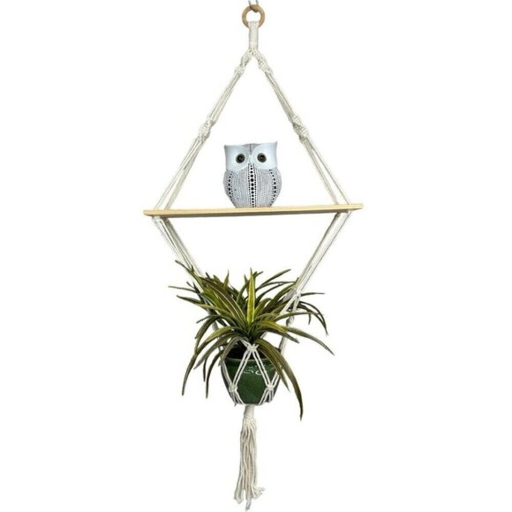 Lot of 2 Macrame Hanging Shelves with Plant Hanger Cream Boho Wood‎ Wall Decor